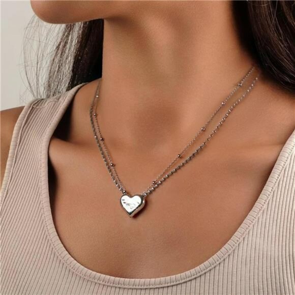 Sterling Silver Heart Pendant Necklace Layered Chain Dainty Jewelry Gift for Wom - Picture 3 of 7